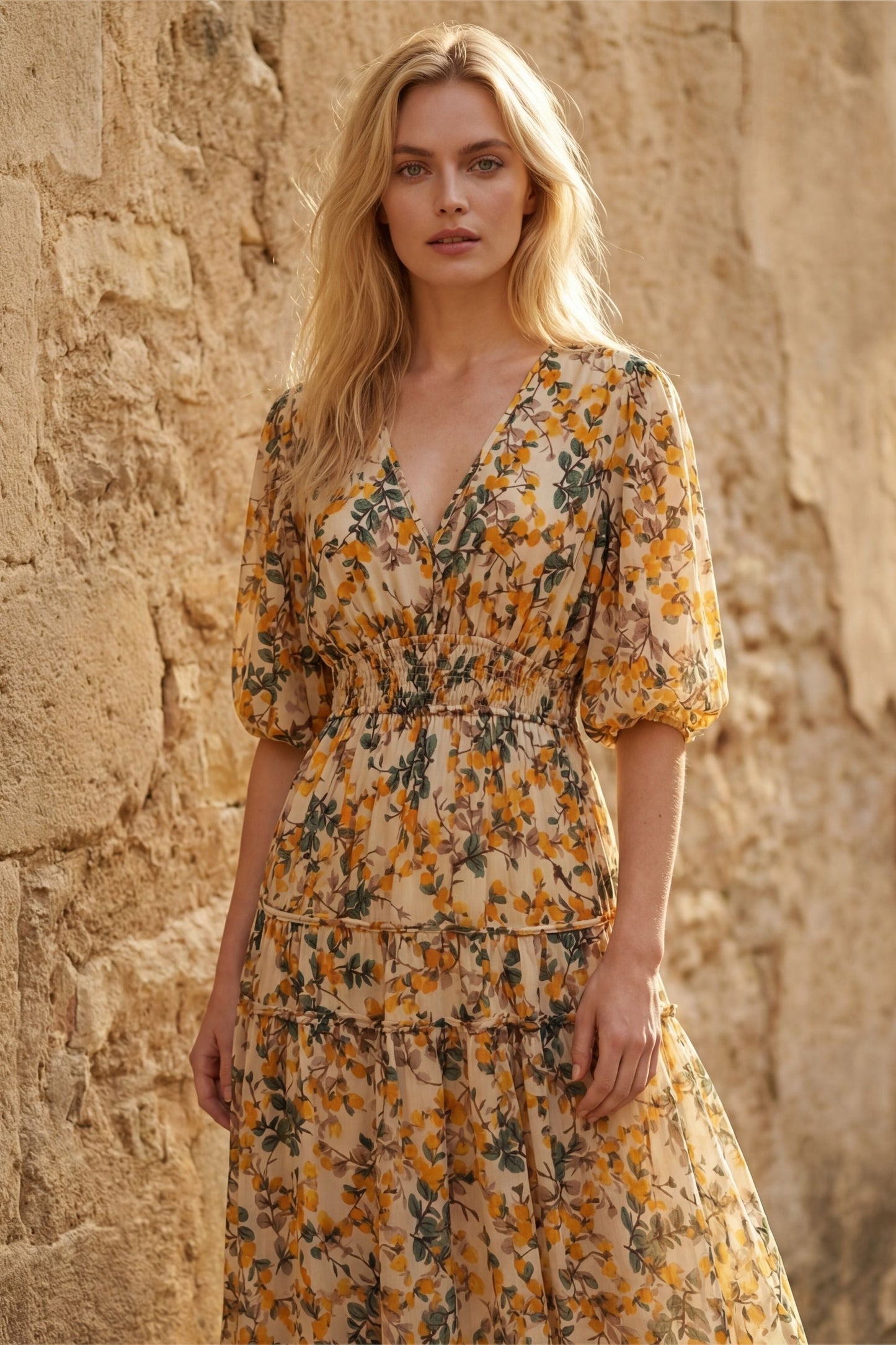 Sophie V-Neck Midi Dress Bell Sleeve Smocked