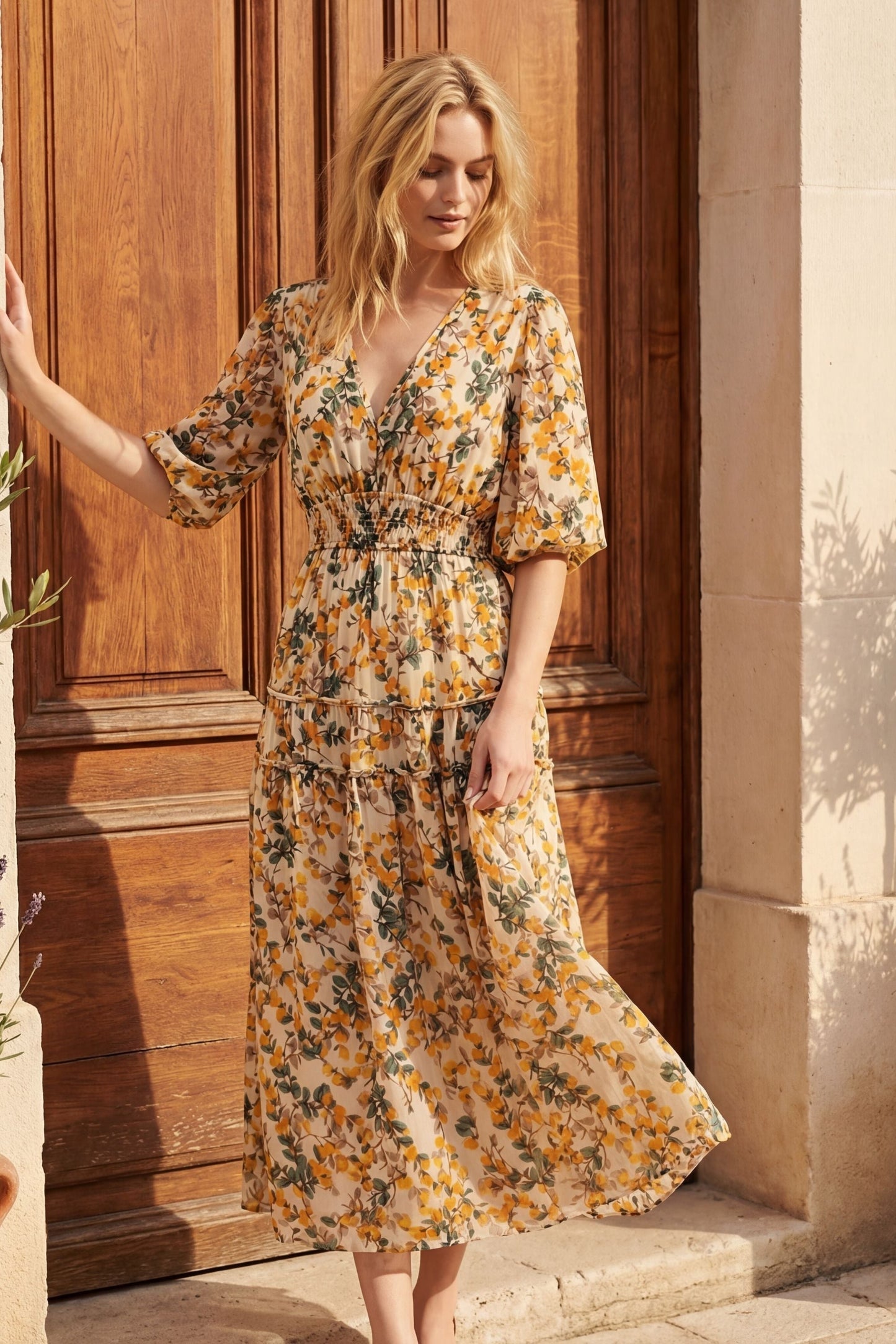 Sophie V-Neck Midi Dress Bell Sleeve Smocked