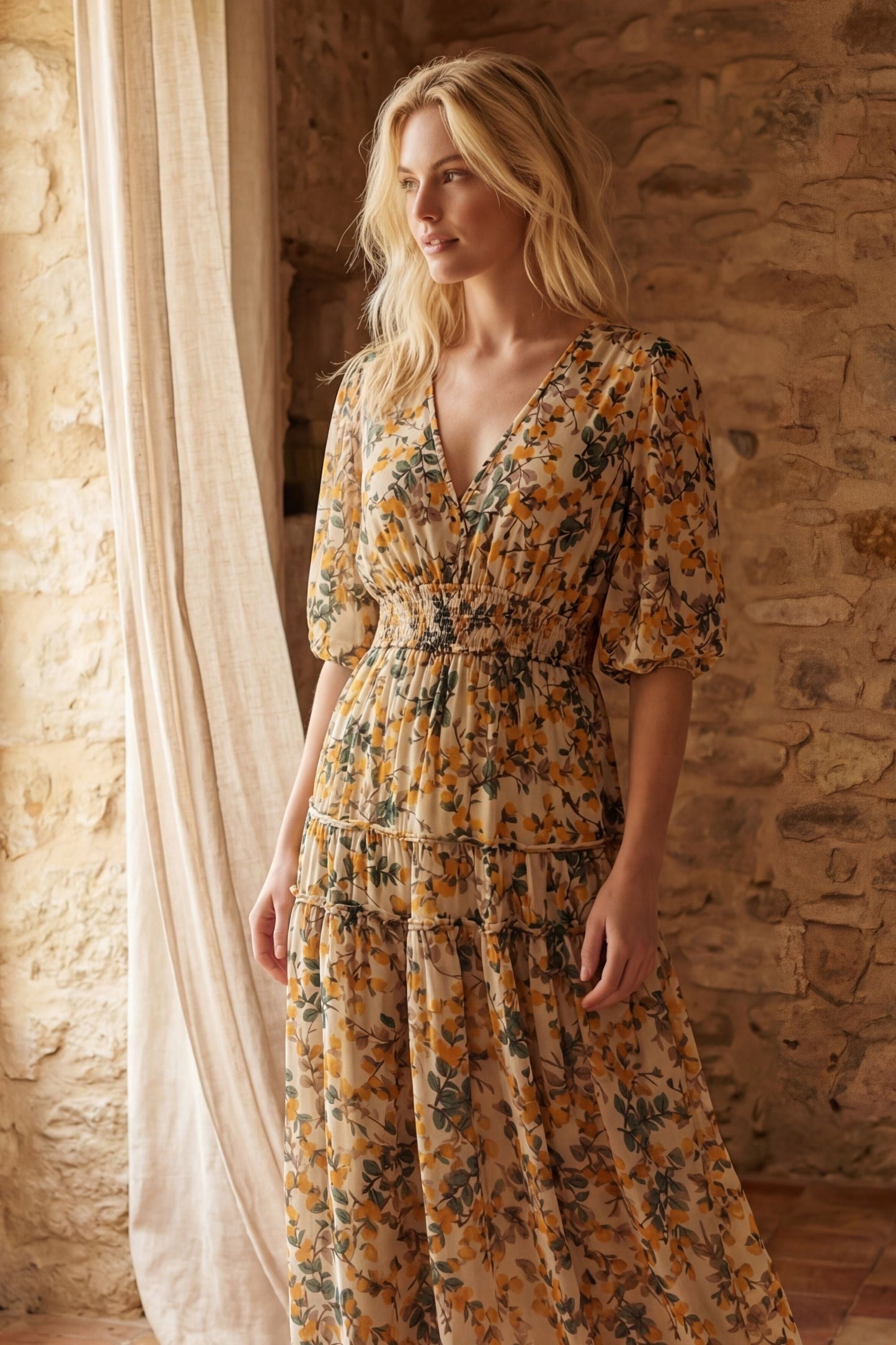 Sophie V-Neck Midi Dress Bell Sleeve Smocked