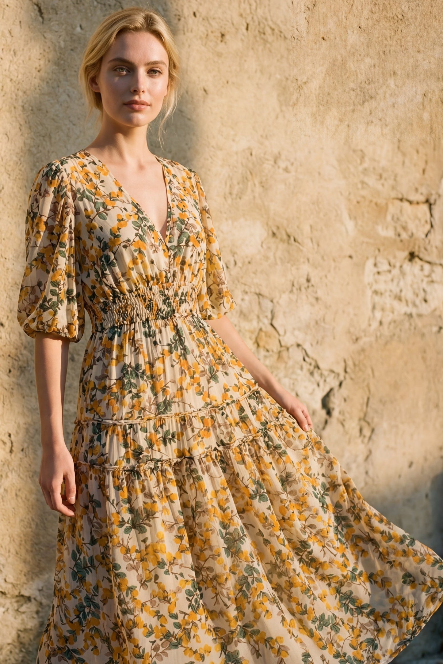 Sophie V-Neck Midi Dress Bell Sleeve Smocked