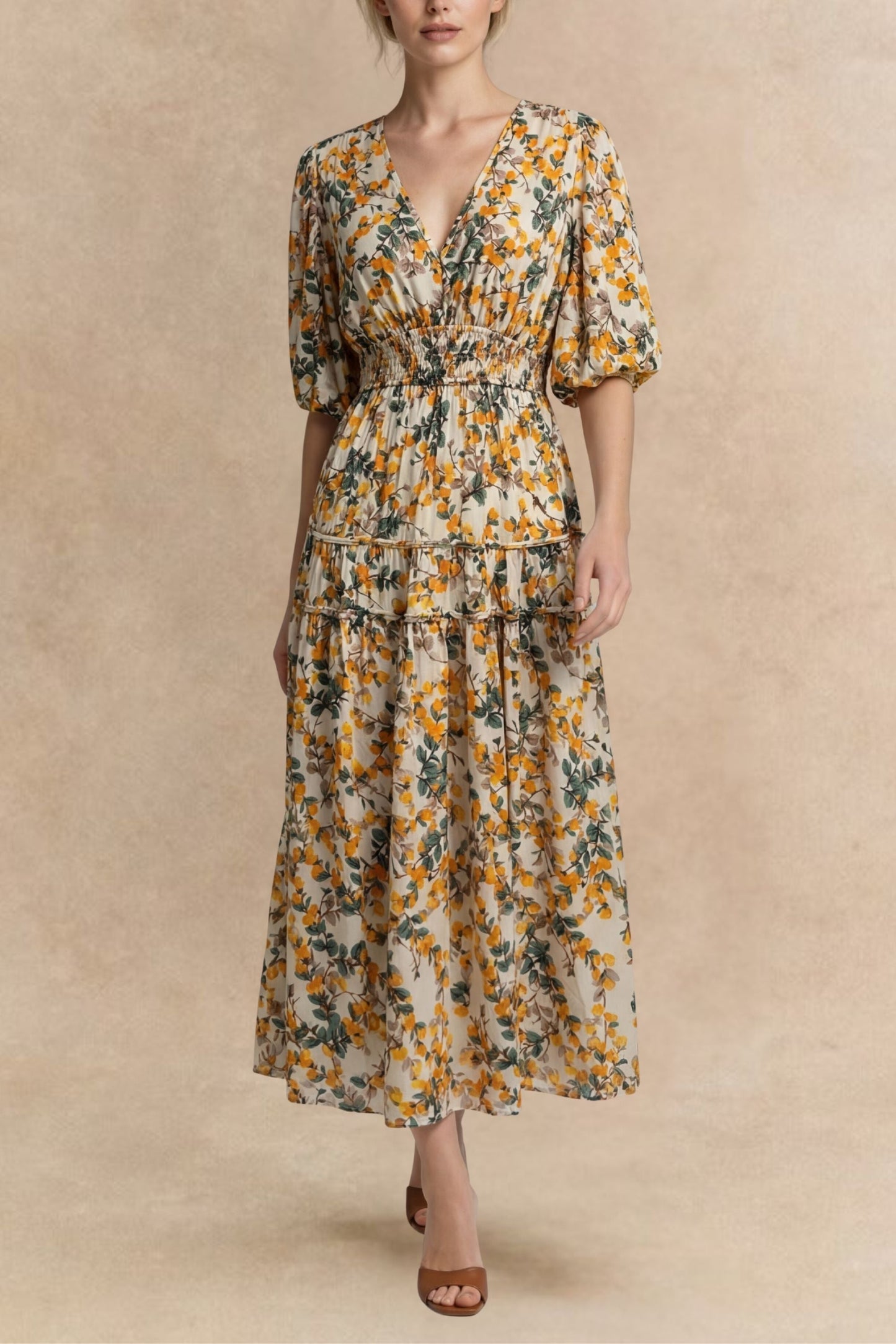 Sophie V-Neck Midi Dress Bell Sleeve Smocked