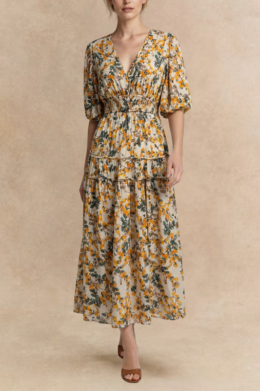 Sophie V-Neck Midi Dress Bell Sleeve Smocked