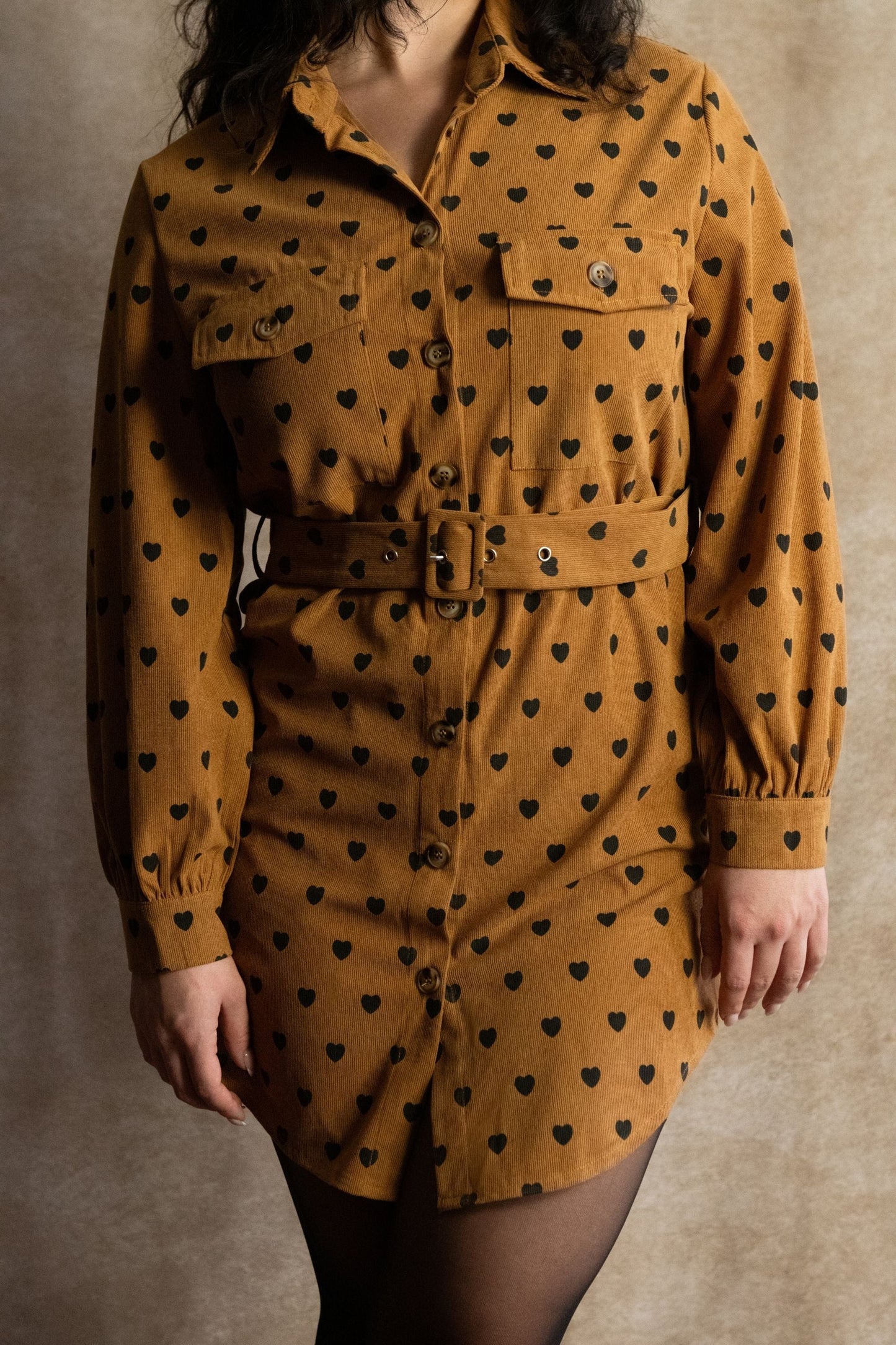 Stephanie Heart Print Tunic Shirt Long Sleeve Button Down Belted