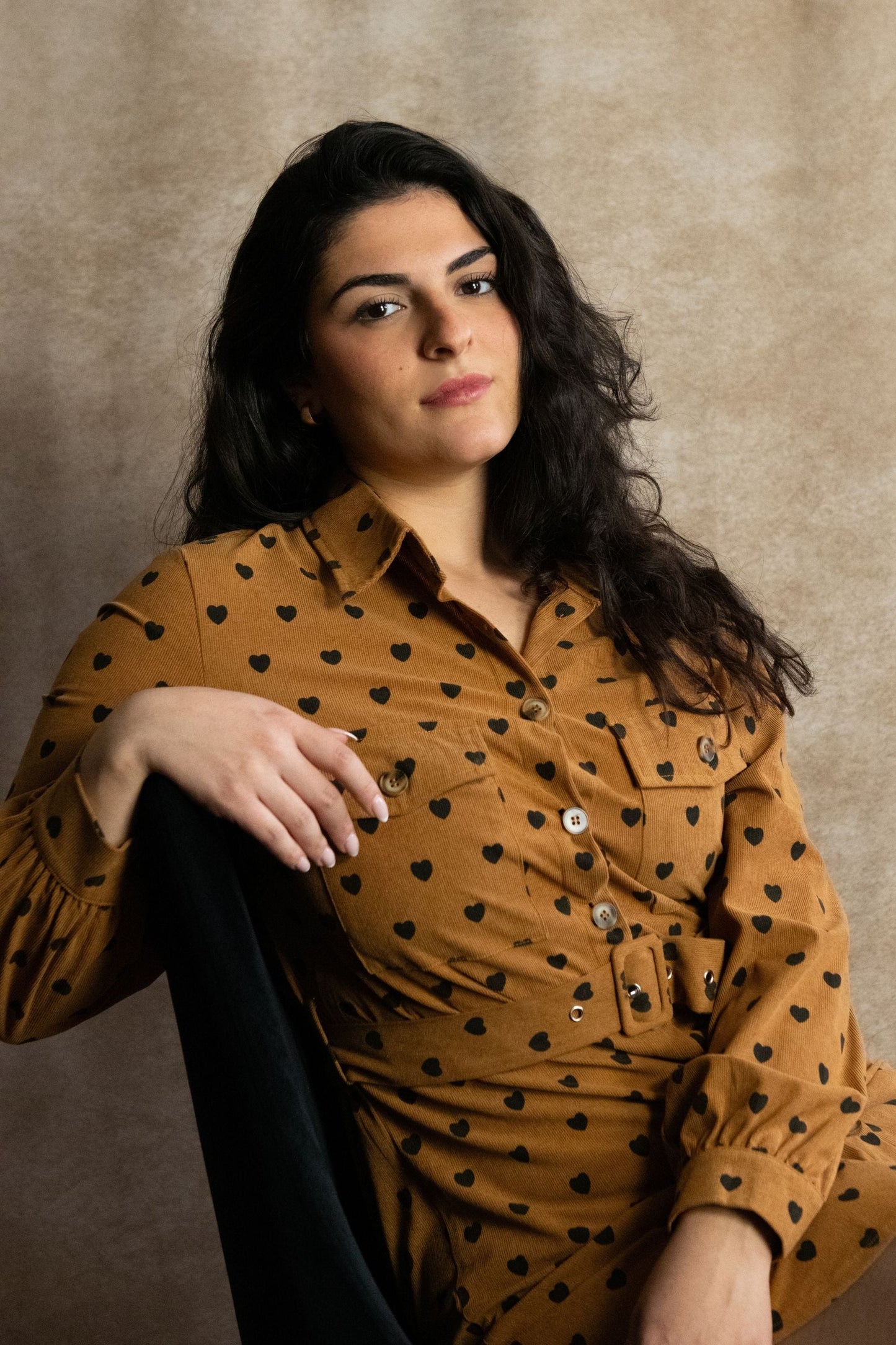 Stephanie Heart Print Tunic Shirt Long Sleeve Button Down Belted