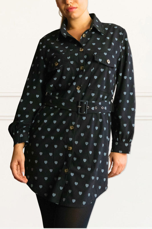 Stephanie Shirt Tunic- Mini Dress Corduroy Heart Print Belt - Onze Montreal Black / XS Annick