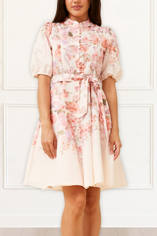 Sunniva White Vintage-Inspired Pink Floral Print Dress Button-Down Pockets