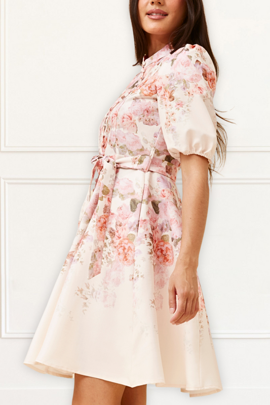 Sunniva White Vintage-Inspired Pink Floral Print Dress Button-Down Pockets