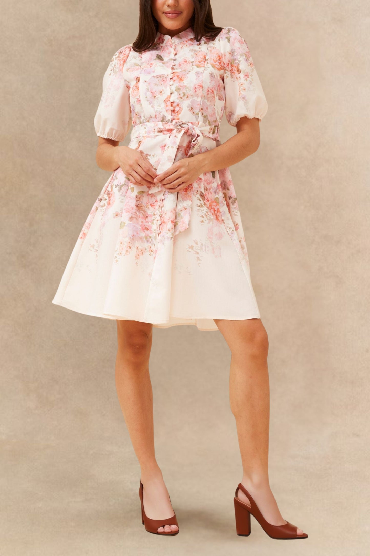 Sunniva White Vintage-Inspired Pink Floral Print Dress