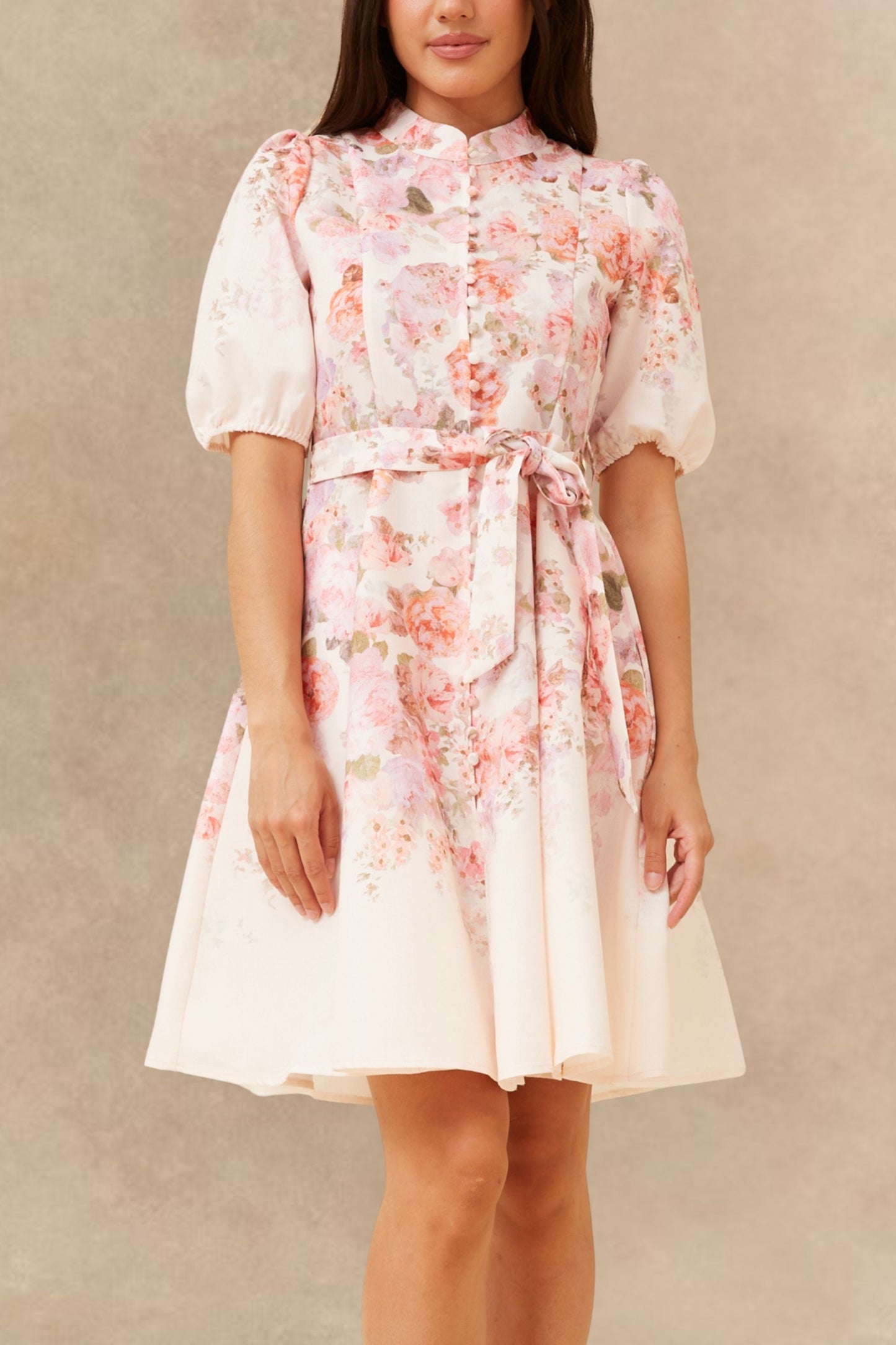 Sunniva White Vintage-Inspired Pink Floral Print Dress