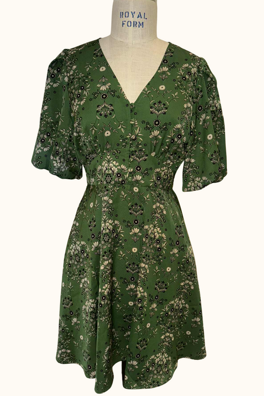 Talia Green Floral Fit and Flare Dress Flowy Sleeves