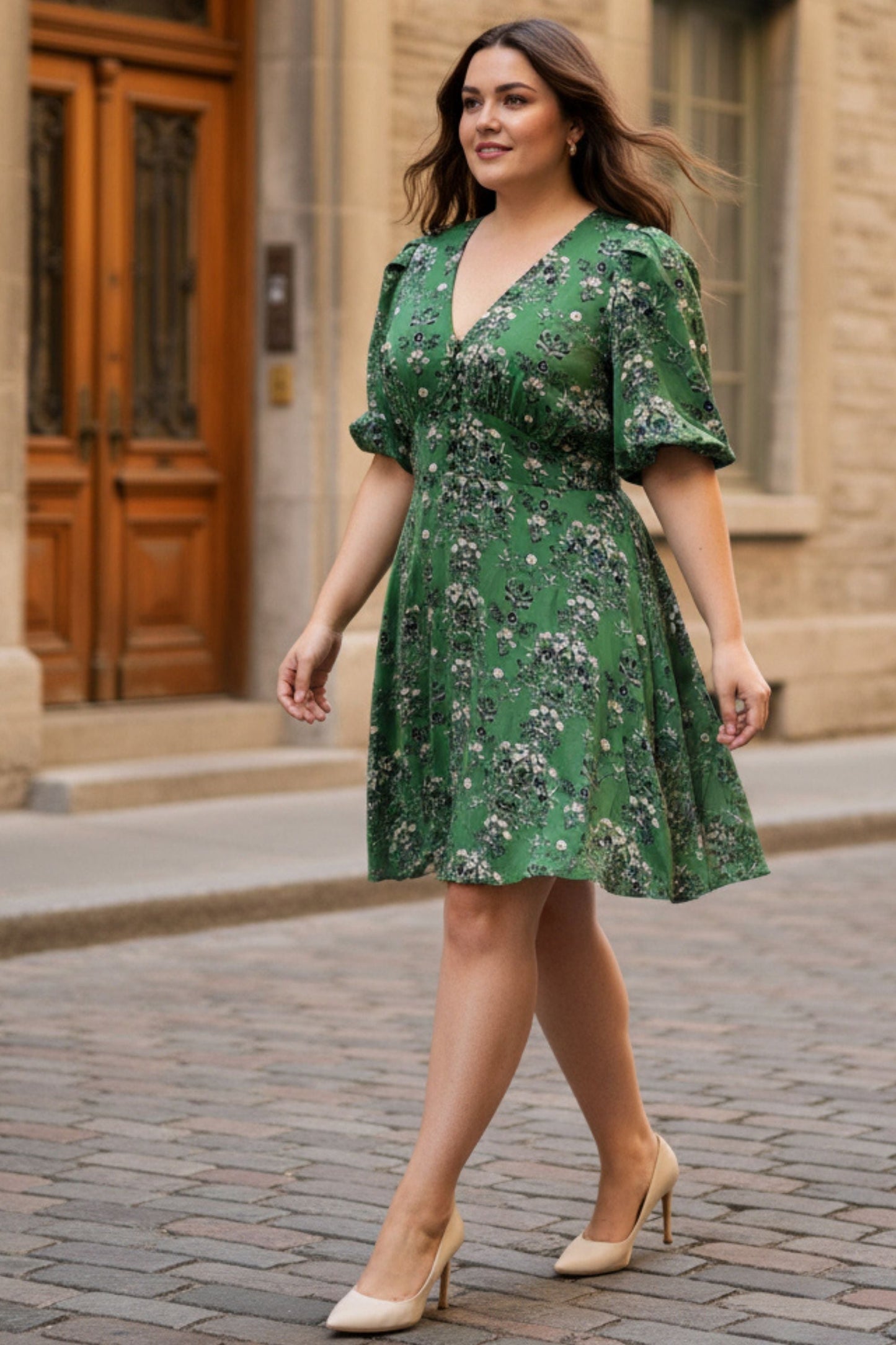 Talia Green Floral Fit and Flare Dress Flowy Sleeves