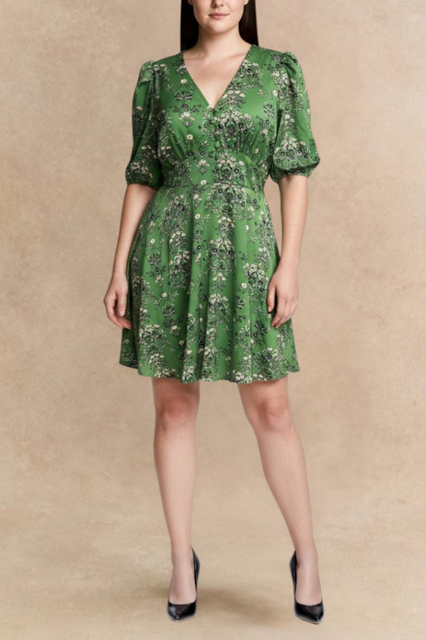 Talia Green Floral Fit and Flare Dress Flowy Sleeves