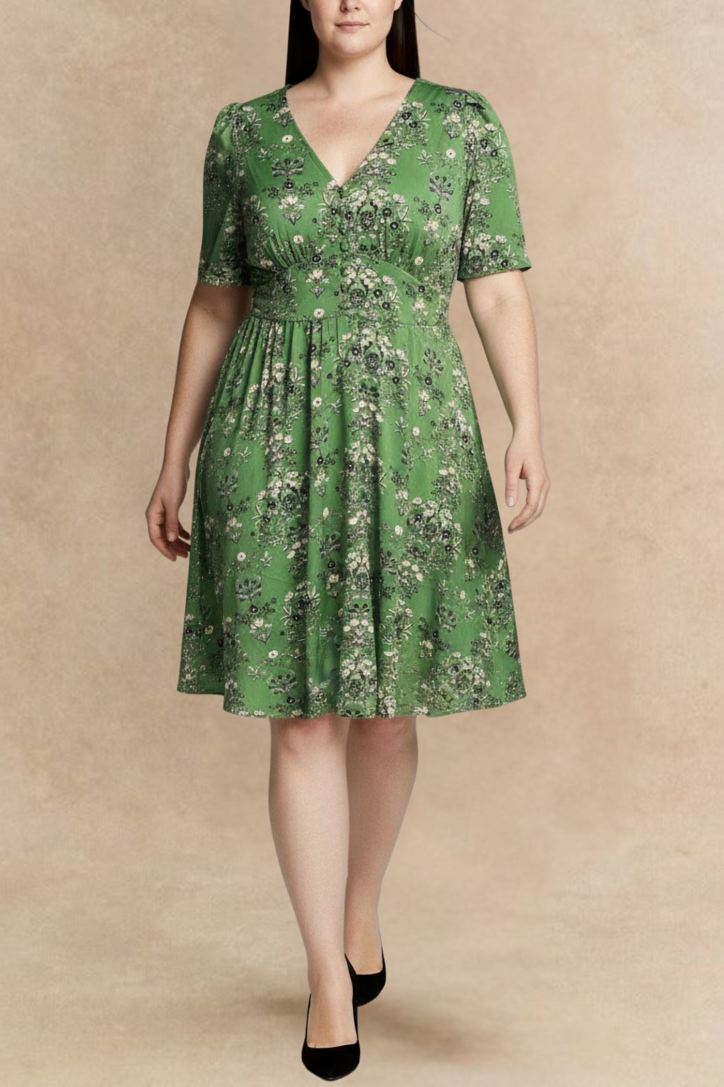Talia Green Floral Fit and Flare Dress Flowy Sleeves