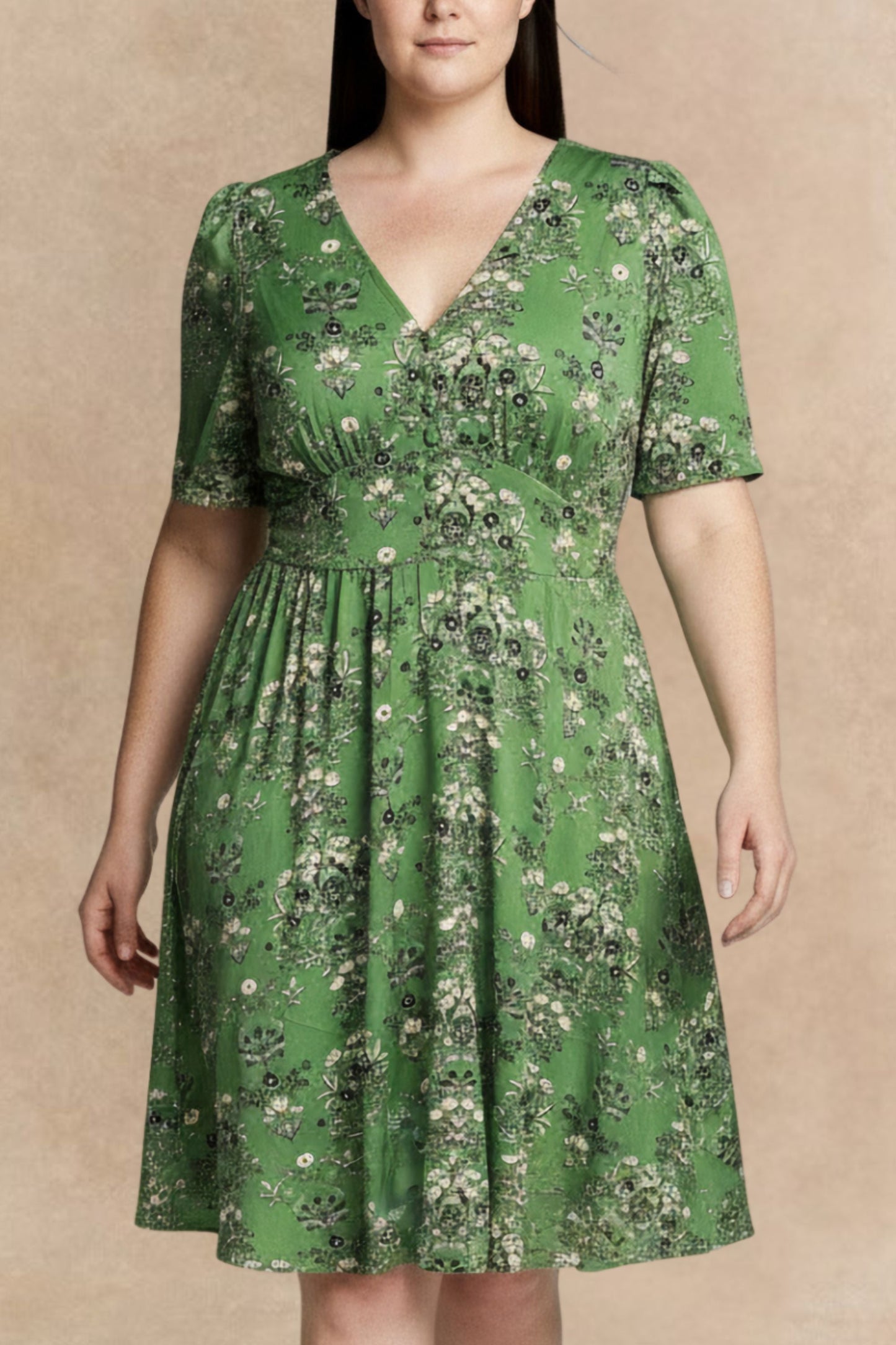 Talia Green Floral Fit and Flare Dress Flowy Sleeves