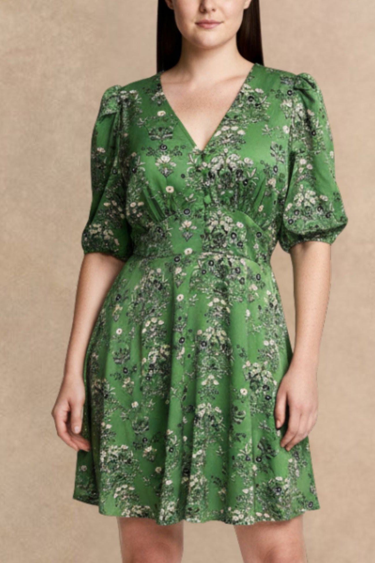 Talia Green Floral Fit and Flare Dress Flowy Sleeves