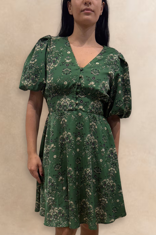 Talia Green Floral Fit and Flare Dress Flowy Sleeves