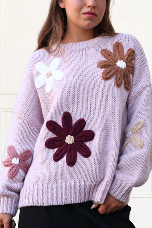 Tamara Women's Chunky Knit Sweater Embroidered Floral Appliqué