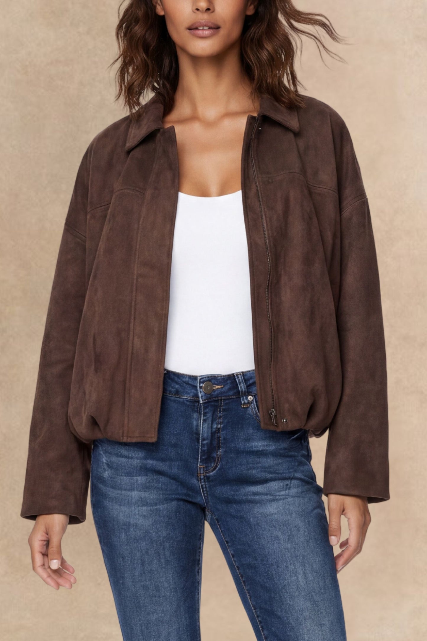 Valerie Brown Faux Suede Zip Oversize Jacket