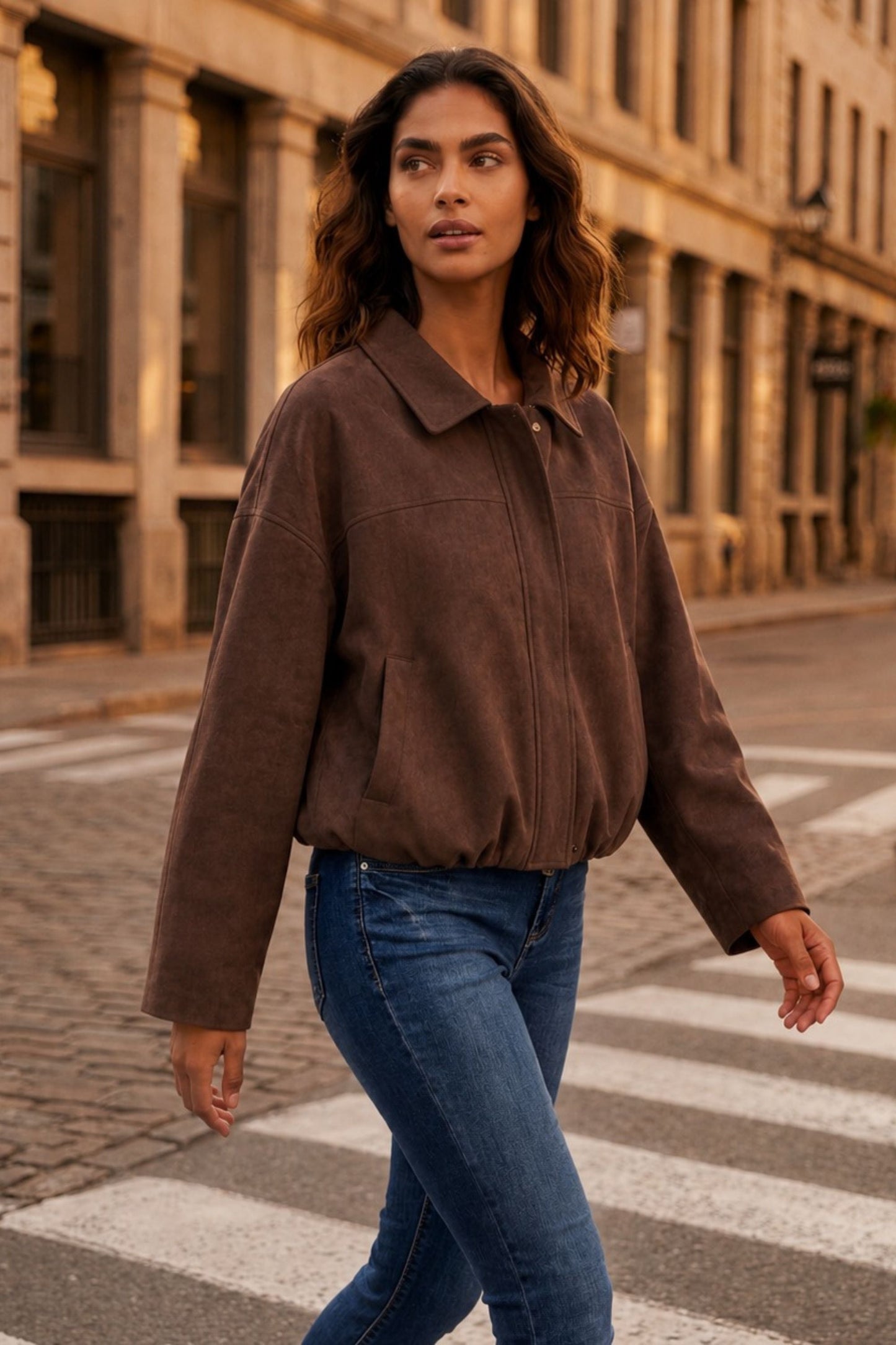 Valerie Brown Faux Suede Zip Oversize Jacket