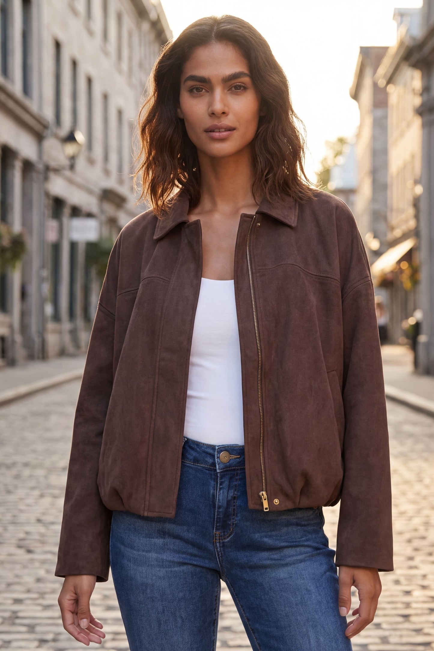 Valerie Brown Faux Suede Zip Oversize Jacket