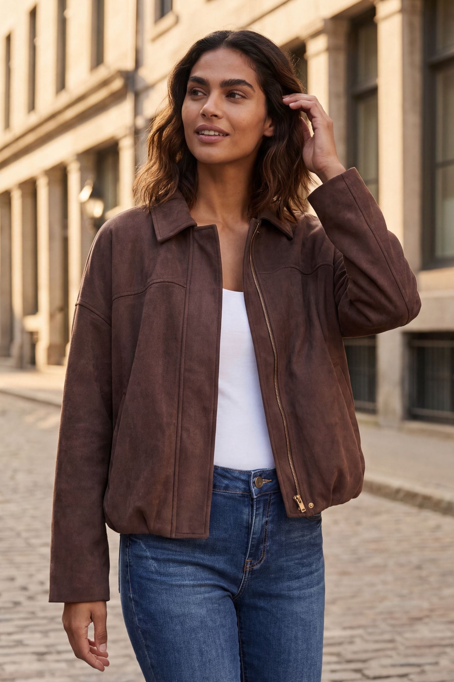 Valerie Brown Faux Suede Zip Oversize Jacket