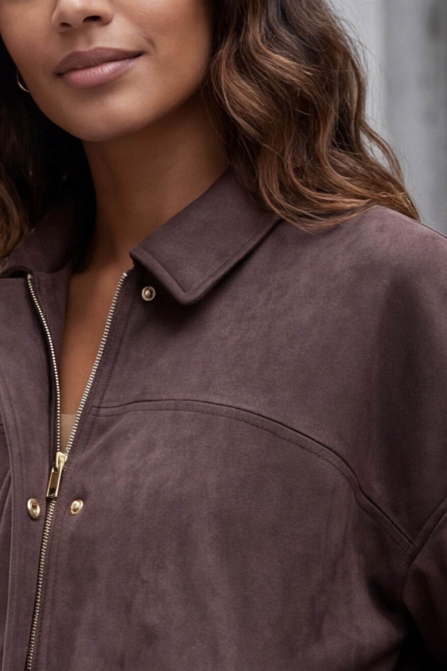 Valerie Brown Faux Suede Zip Oversize Jacket