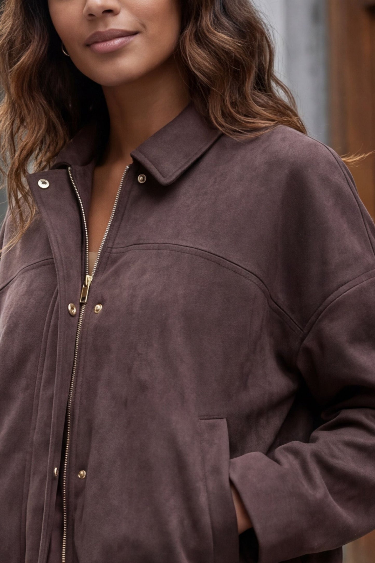 Valerie Brown Faux Suede Zip Oversize Jacket