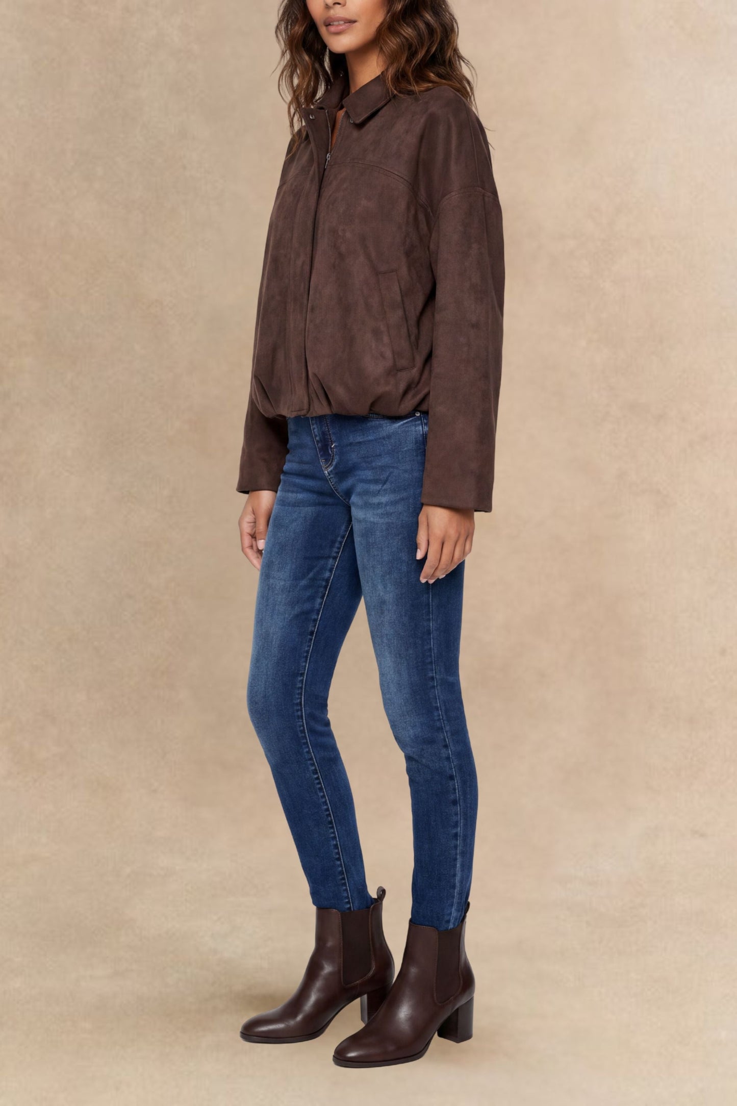 Valerie Brown Faux Suede Zip Oversize Jacket