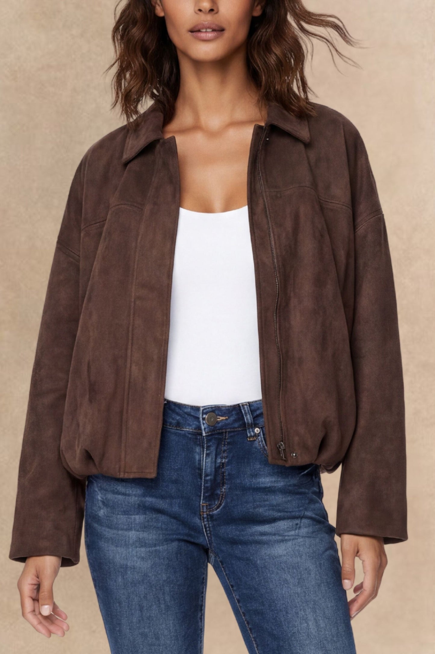Valerie Brown Faux Suede Zip Oversize Jacket