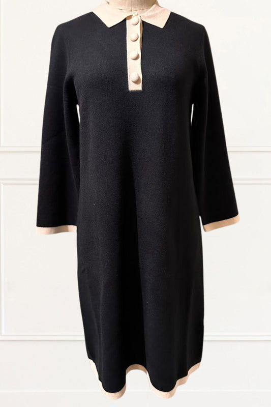 Vivienne Black Knit Dress Contrast White Collar Front Button Detail