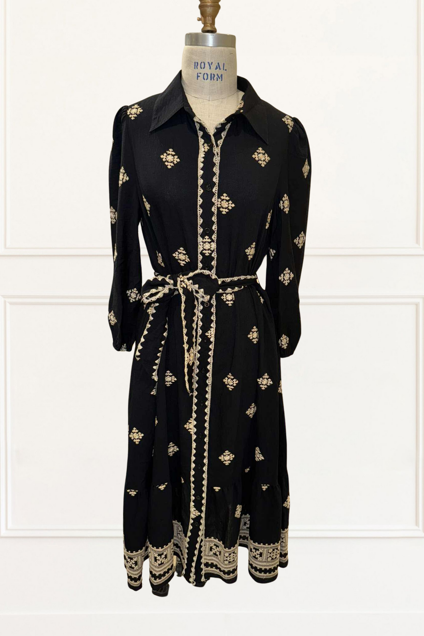 Yasmine Black Shirt Dress Midi Cream Embroidery Belted Boho Style
