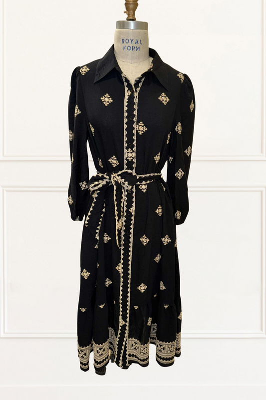 Yasmine Black Shirt Dress Midi Cream Embroidery Belted Boho Style