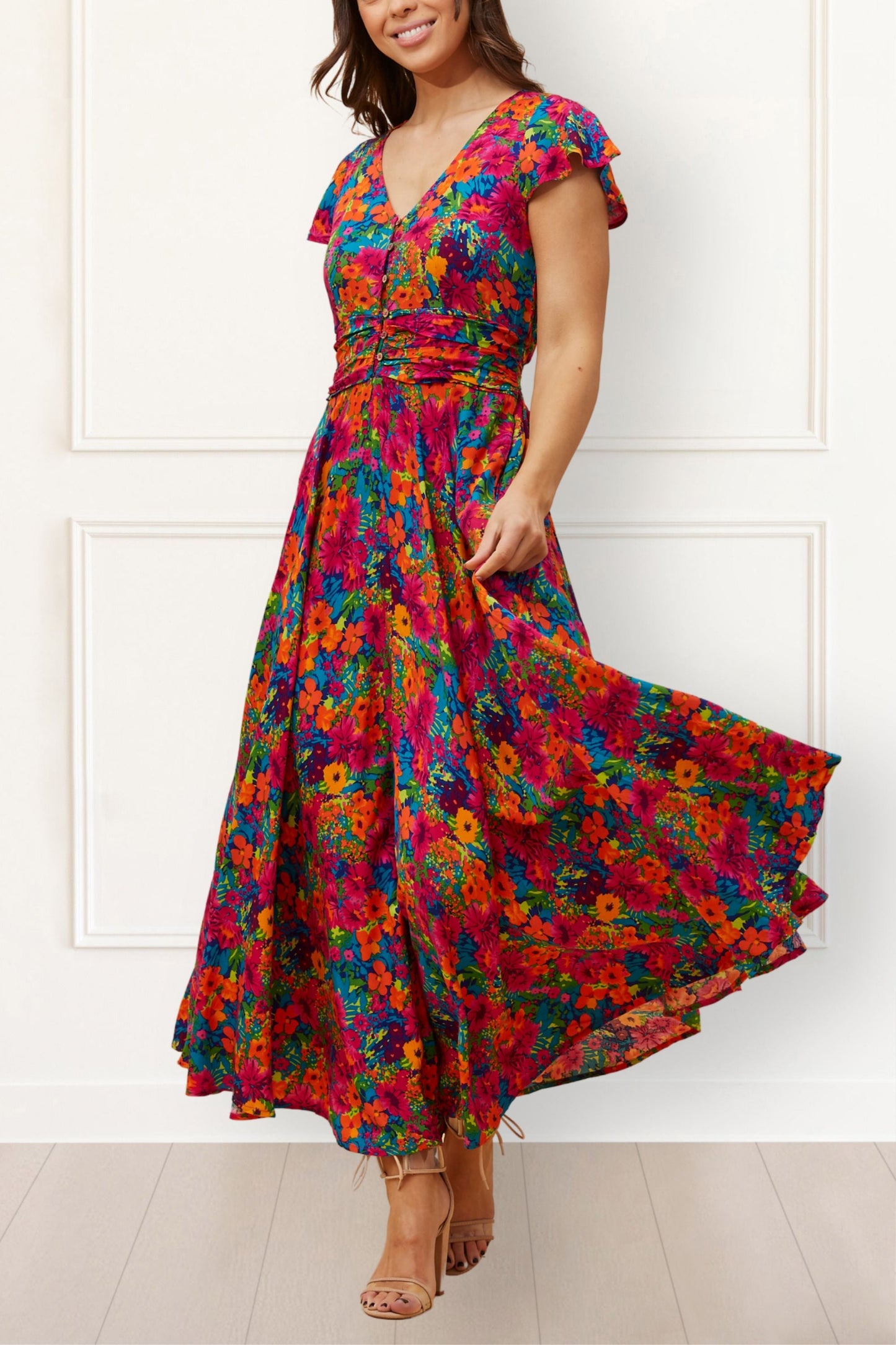 Arianna Floral Maxi Dress with Flutter Sleeves and Ruched Waist