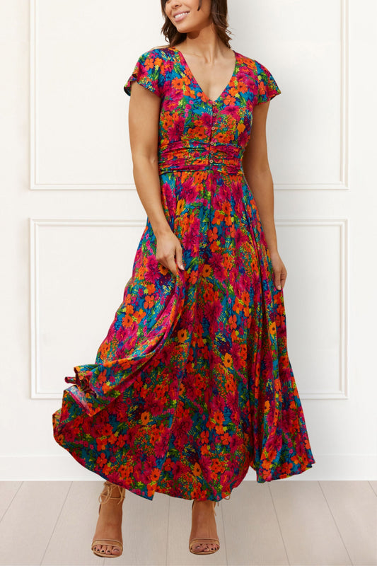Arianna Floral Maxi Dress with Flutter Sleeves and Ruched Waist