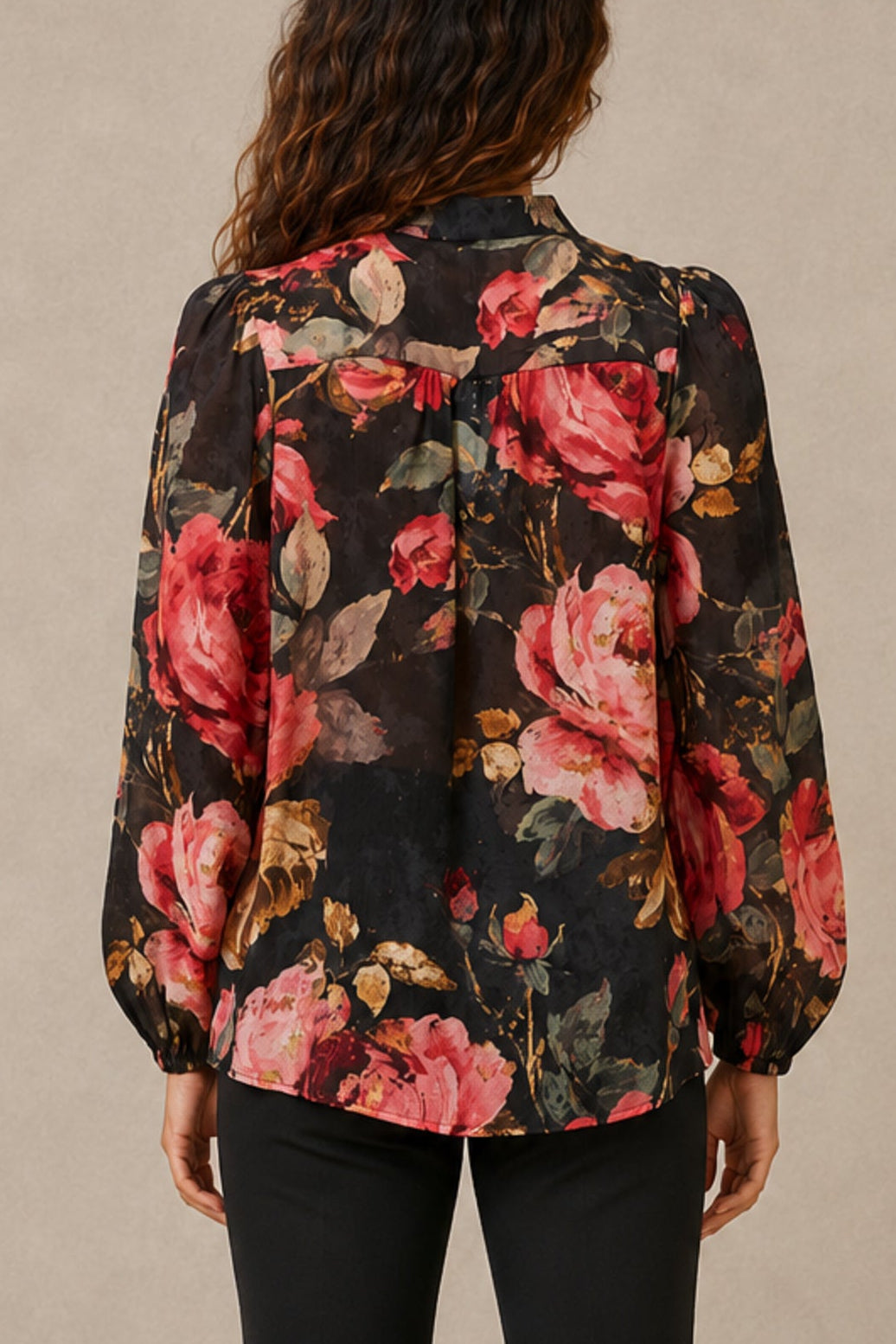 Makenzie Black Floral Gold-Button Blouse