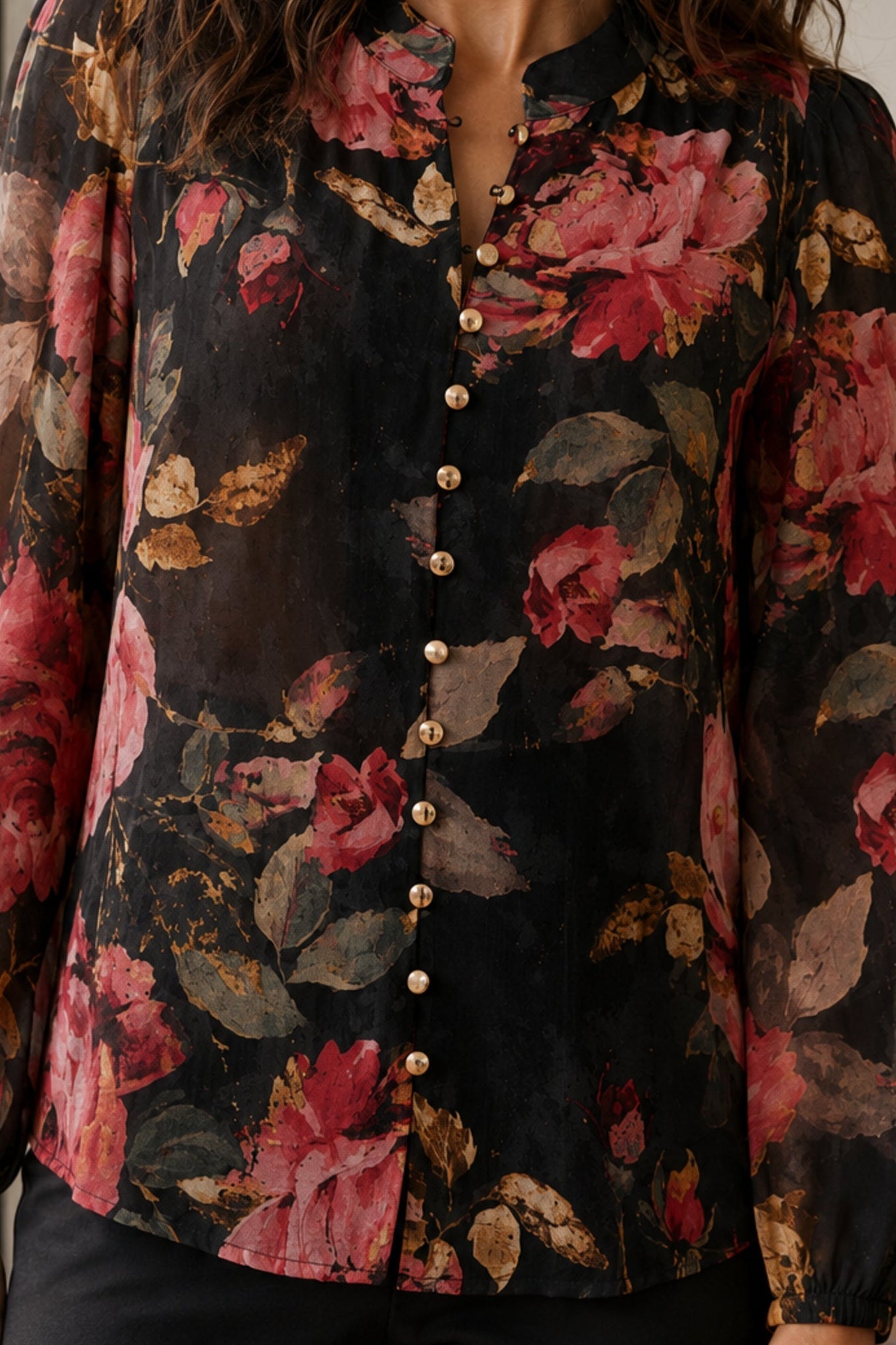 Makenzie Black Floral Gold-Button Blouse