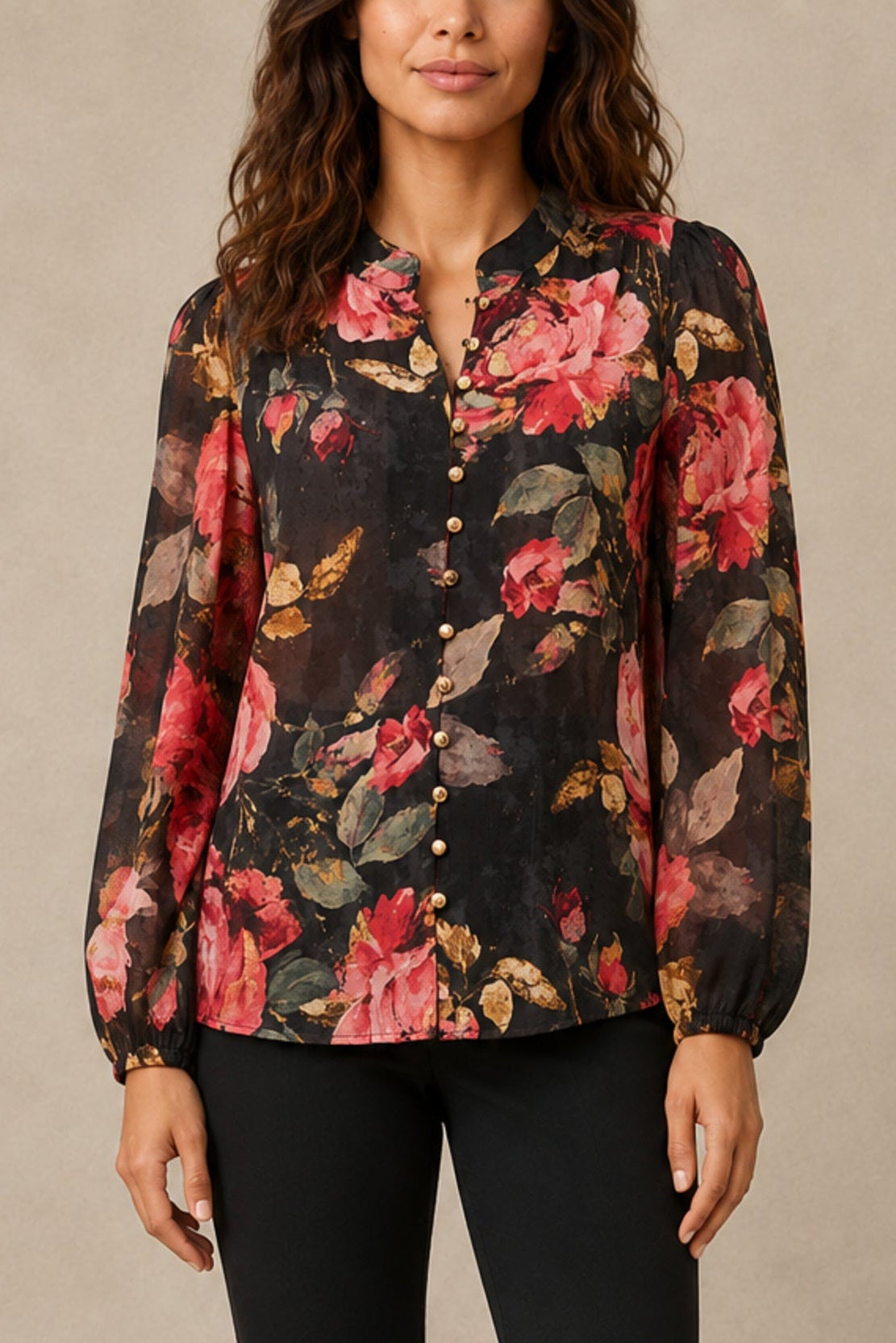 Makenzie Black Floral Gold-Button Blouse