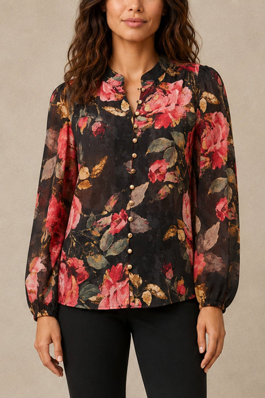 Makenzie Black Floral Gold-Button Blouse