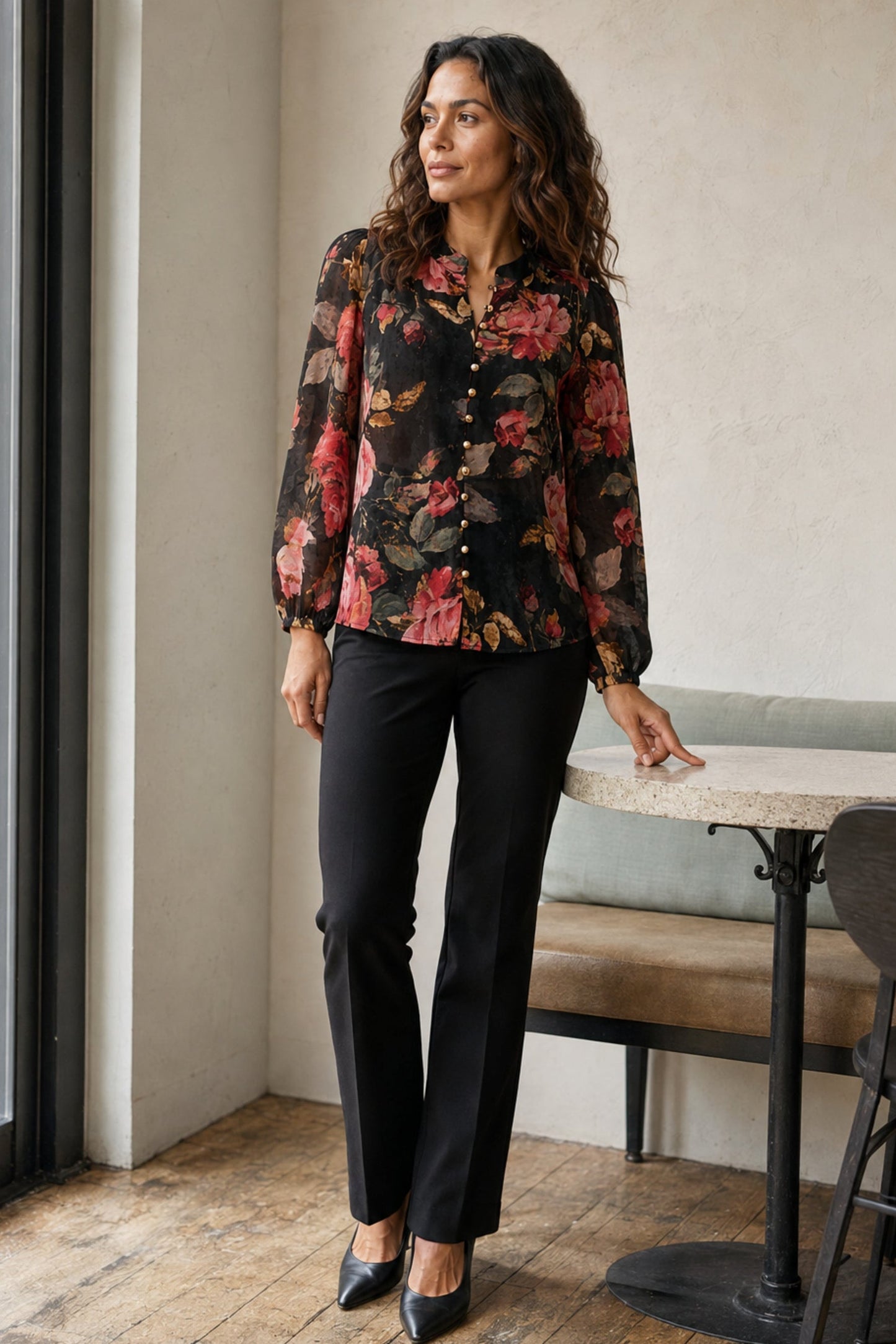 Makenzie Black Floral Gold-Button Blouse