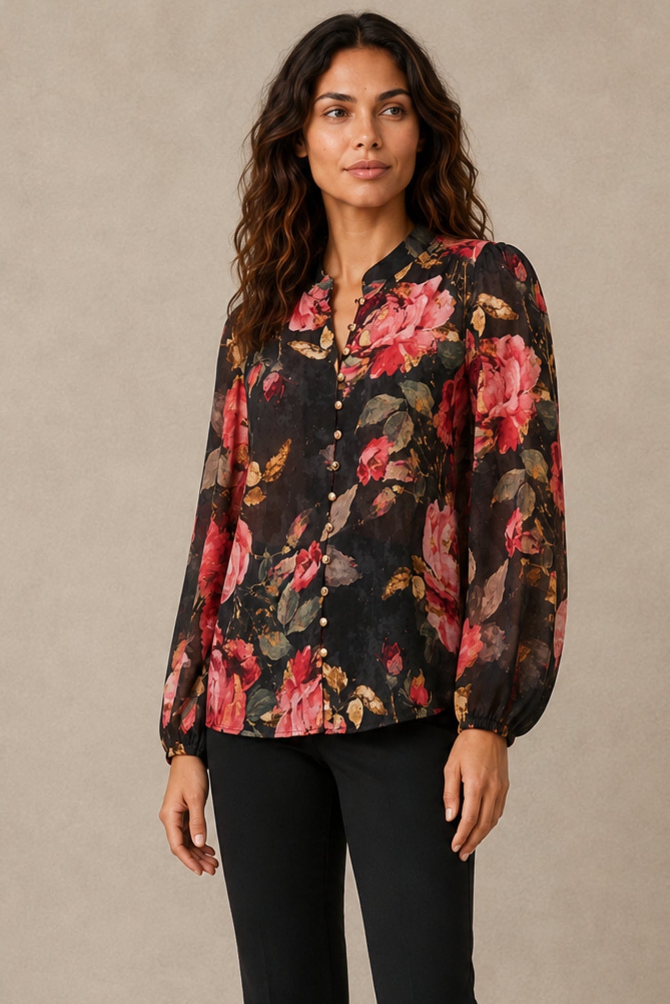 Makenzie Black Floral Gold-Button Blouse