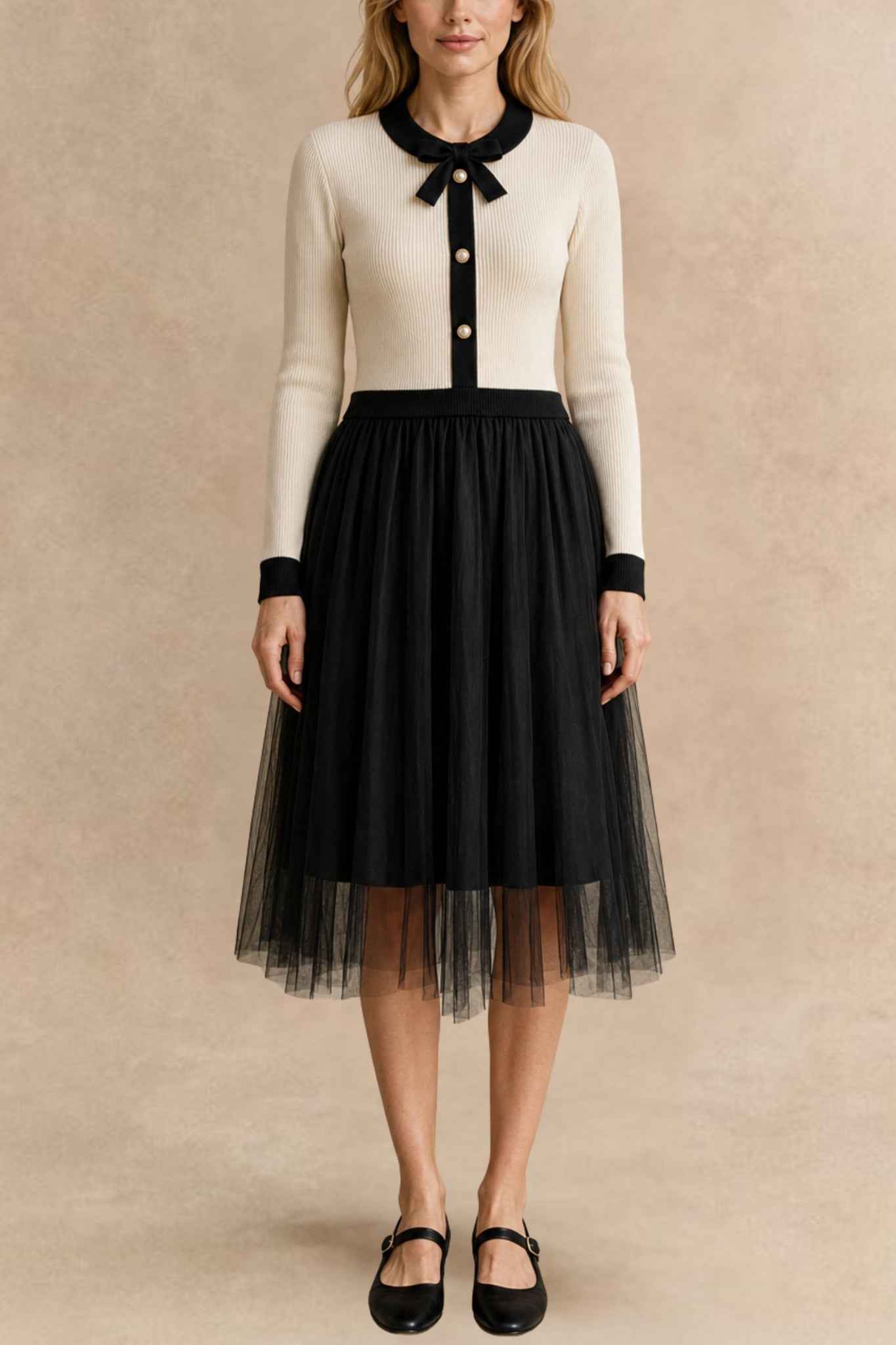 Melina Ivory Knit & Black Tulle Midi Dress