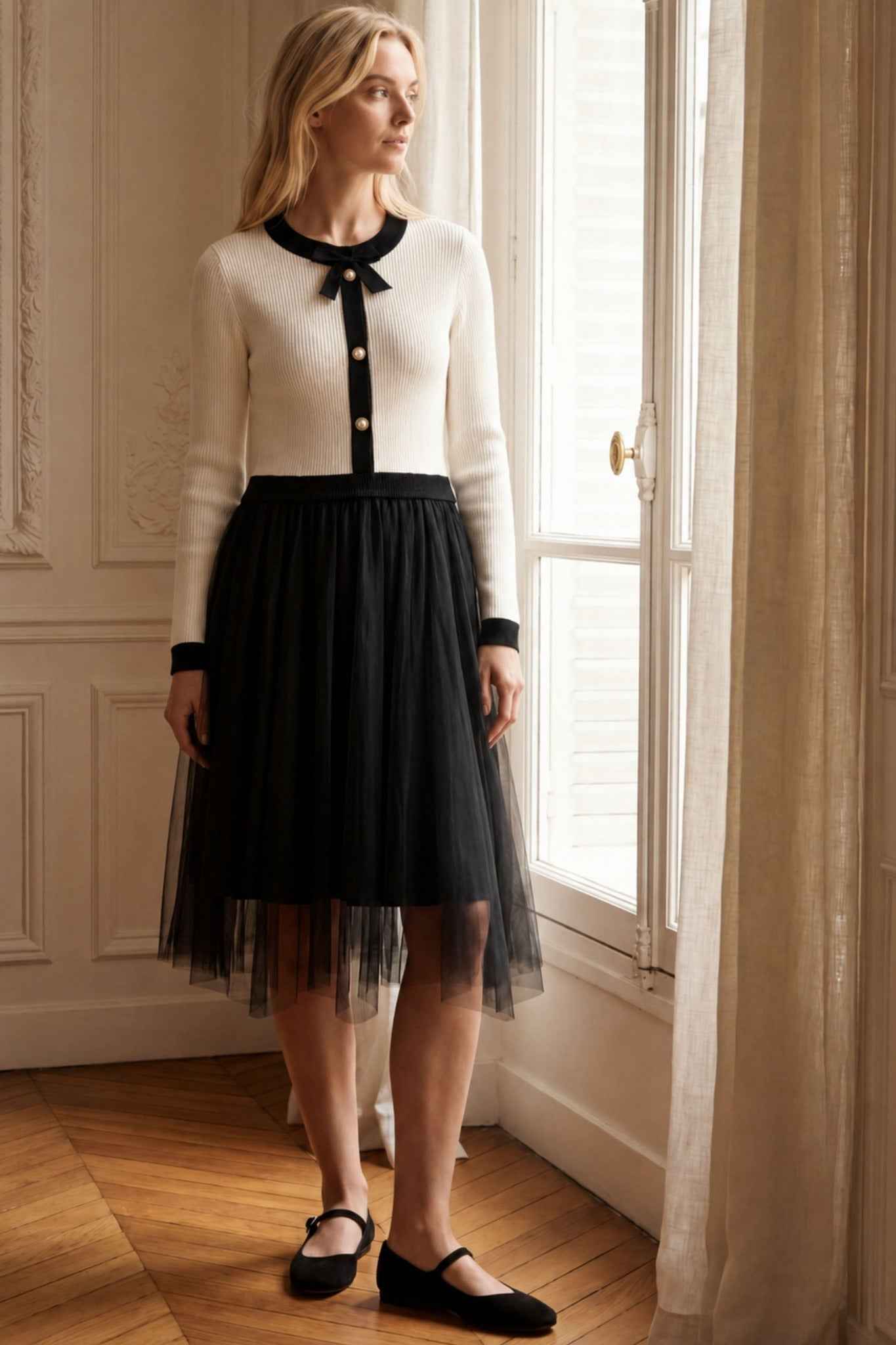 Melina Ivory Knit & Black Tulle Midi Dress