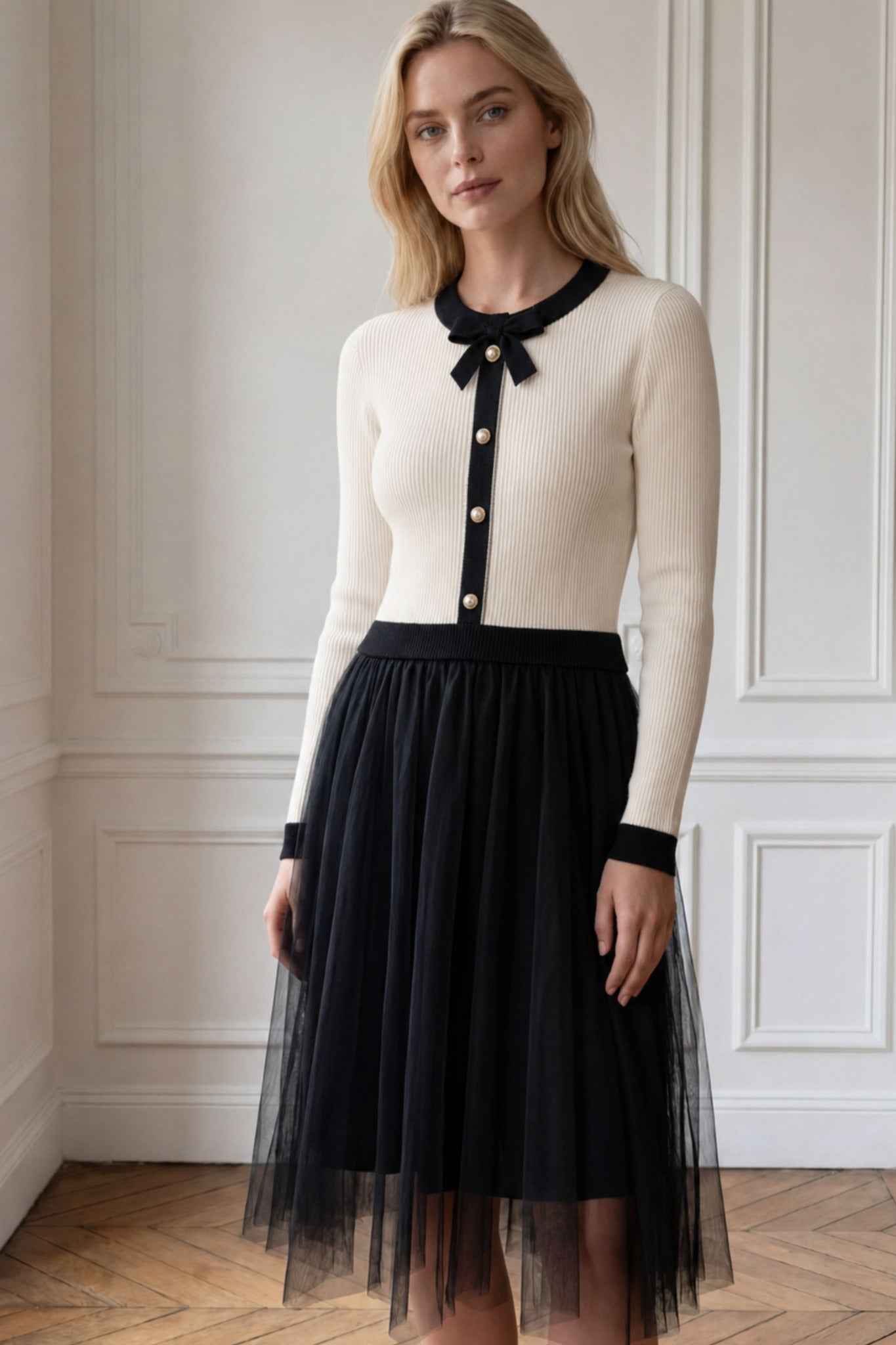 Melina Ivory Knit & Black Tulle Midi Dress