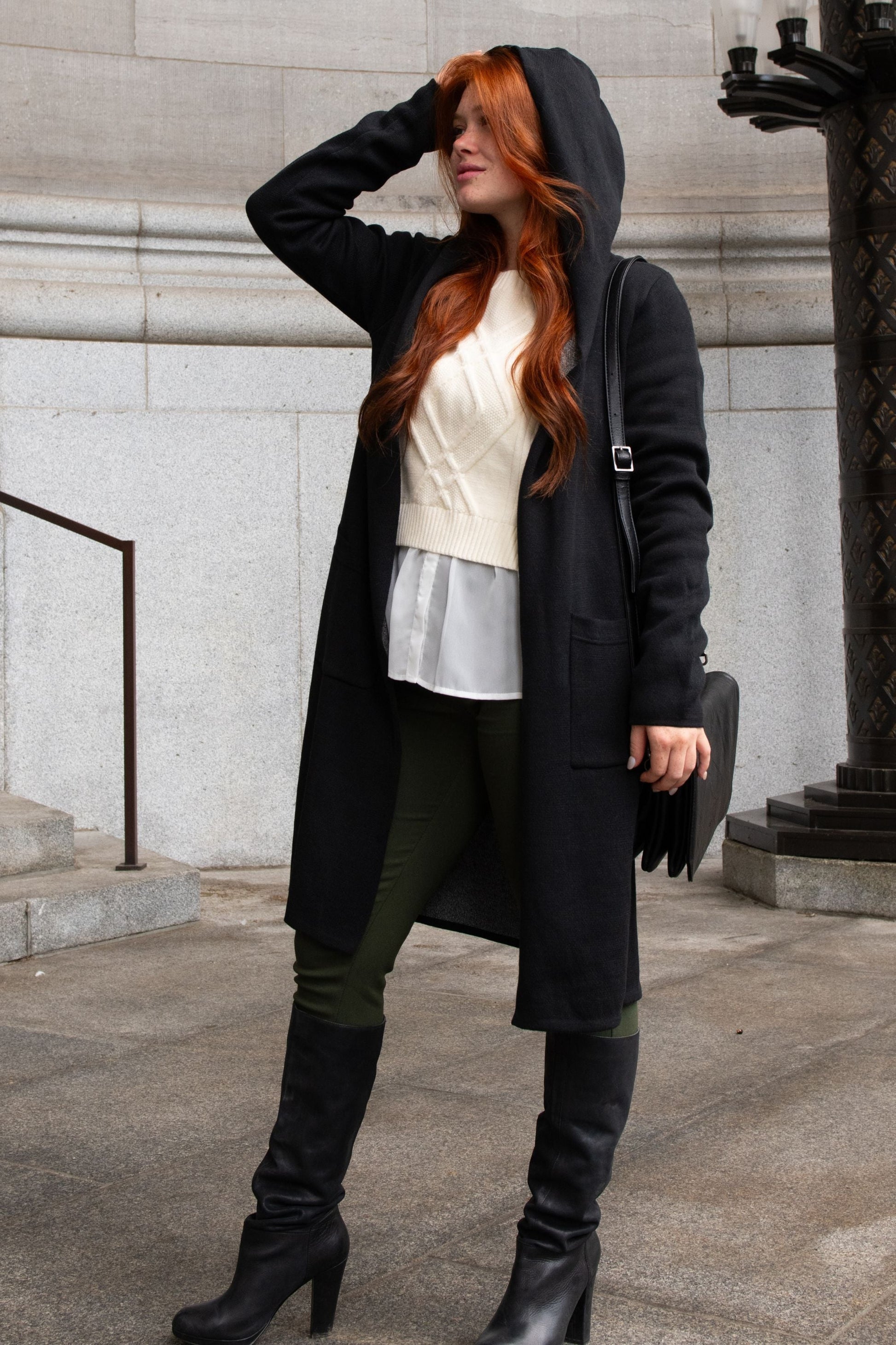 Nora Hooded Open Front Knit Cardigan - Onze Montreal Black / XS Annick