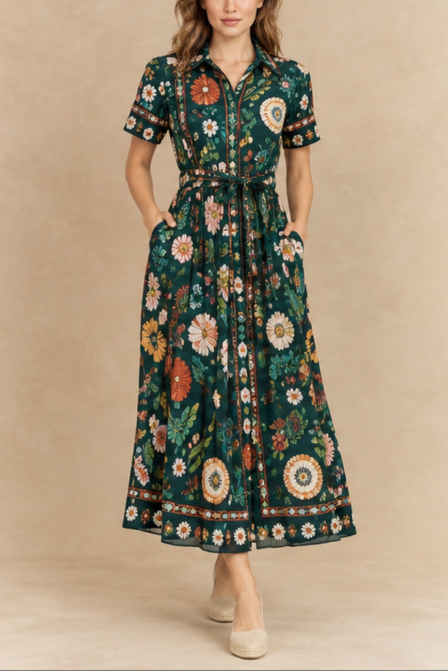 Esmeralda green printed shirt dress front view showing the collar, button front, self belt, side pockets and fluid skirt.