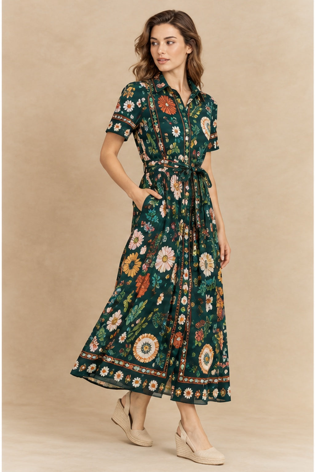 Esmeralda green printed shirt dress three-quarter view showing one hand in the side pocket, belted waist and fluid viscose drape.