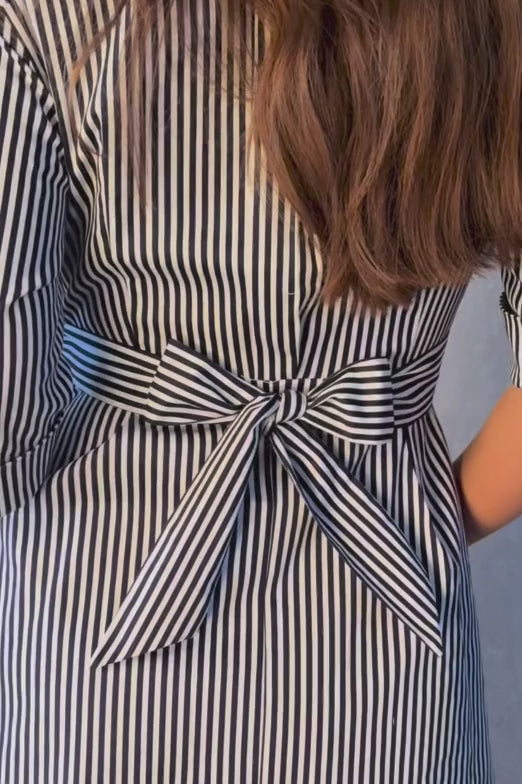 Estelle Striped Shirt Dress - 3/4 Sleeve, Button Down, Belted Waist