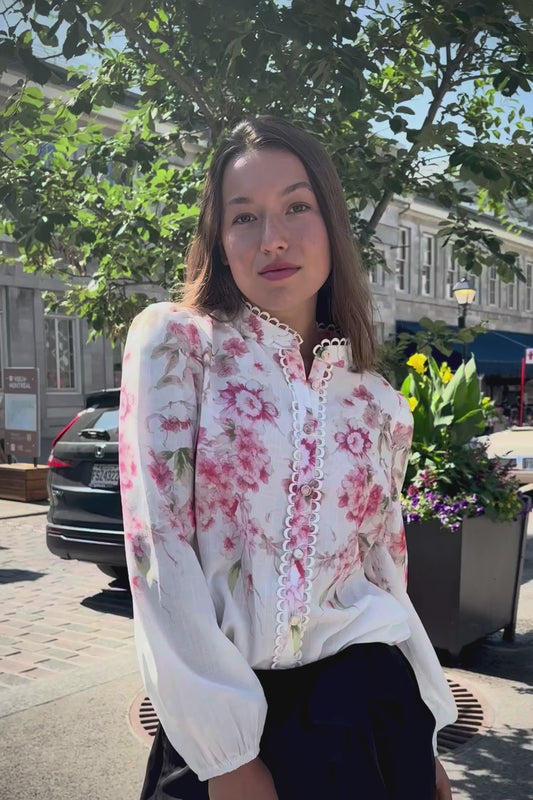 Celeste Women's Floral White Blouse Decorative Front Trim